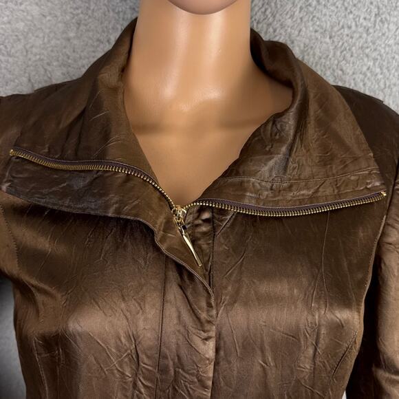 Lafayette 148 Brown Leather Look Full Zip Jacket Satin Feel Lined SZ 0 Designer - Picture 4 of 10